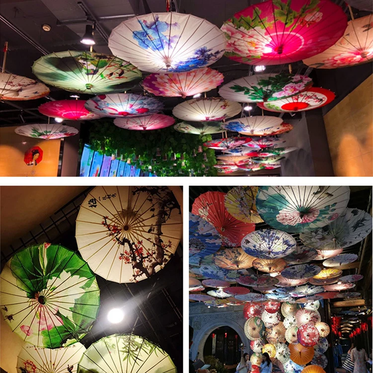 DD1172  Customization Chinese DIY Craft Paper Umbrellas Ceiling Decoration Handmade Dance Props Bamboo Handle Silk Umbrella