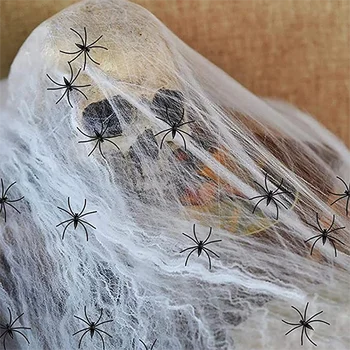 280G+100 Halloween Elastic Spider Web with Spider Horror Haunted House Yard Scene Arrangement Halloween Faux Decorative Props