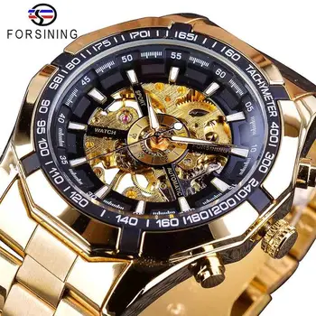 Forsining Watch Men Automatic Mechanical Waterproof Stainless Steel Skeleton Wristwatches Mens Sport Casual Luminous Watches