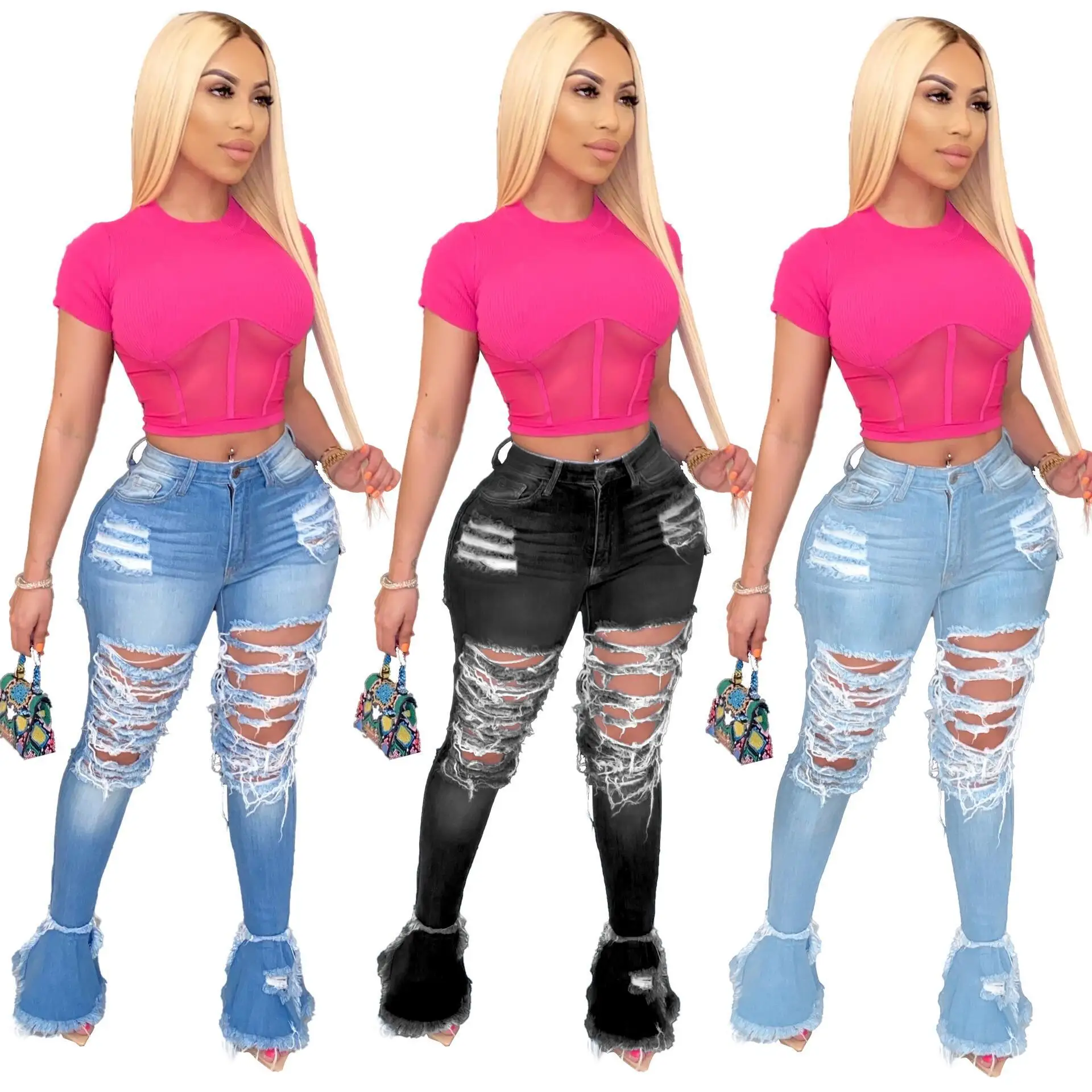 Ripped Jeans Women Pants Fringe Hollow Out Ruffle Flare Denim High Waist  Bodycon