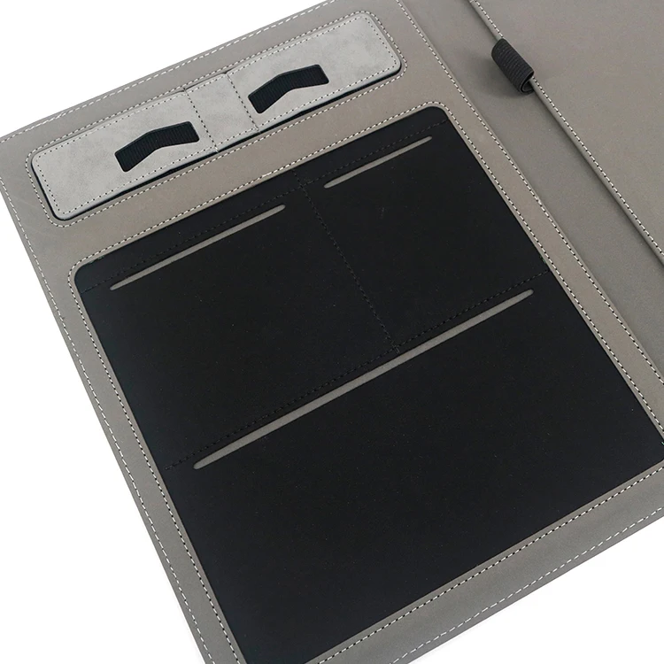 Grey Leather Document Organizer Business Portfolio Folder with Magnetic Flip Cover Design details