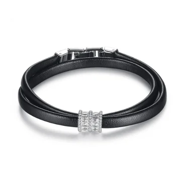 New Fashion White Gold Color Women Girls Party Jewelry Zircon Charm Beads Black PU Leather Bracelet