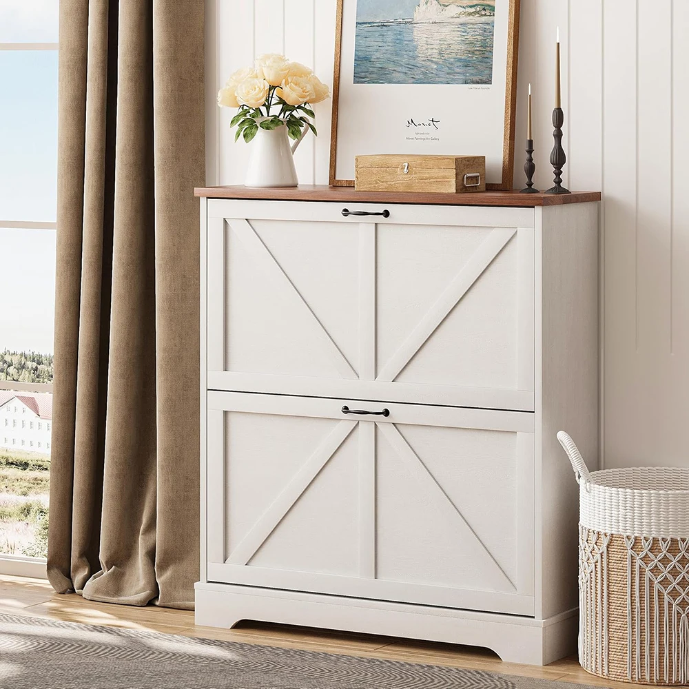 Slim White Farmhouse Shoe Rack Cabinet with 2 Flip Drawers Narrow Entryway Shoe Storage Organizer for Home Furniture details