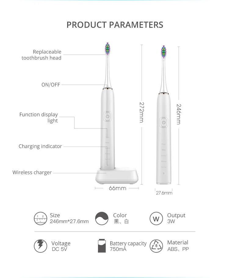 5 Modes Eco Rechargeable Travel Ultrasonic Vibration Electronic Automatic Sonic Electric Toothbrush