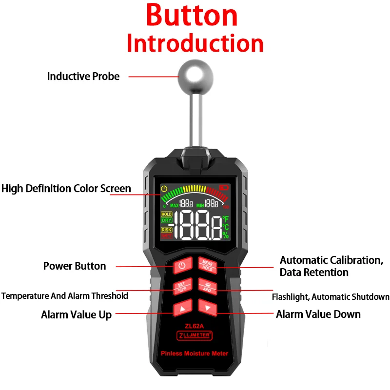 Inductive Wood Moisture Meter Hygrometer Non-contact Timber Damp Wall Detector Non-destructive Humidity Tester ZL62A 3AAA