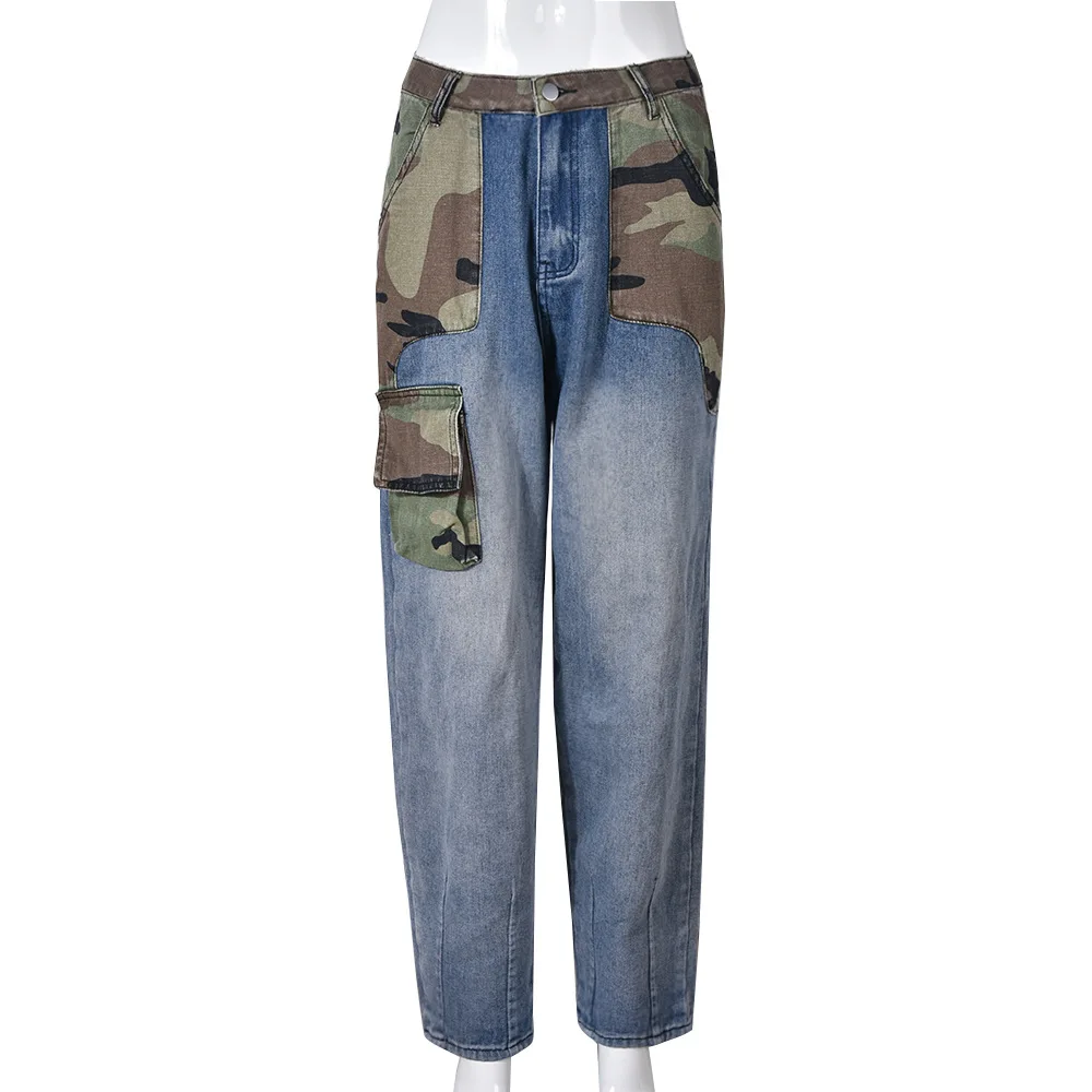 Summer Fashion Patchwork Camouflage Denim Women Pants With Pocket Streetwear Women Denim Jeans
