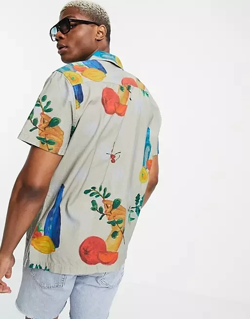 Latest pattern custom fruit print button down 100% cotton shirts for men
