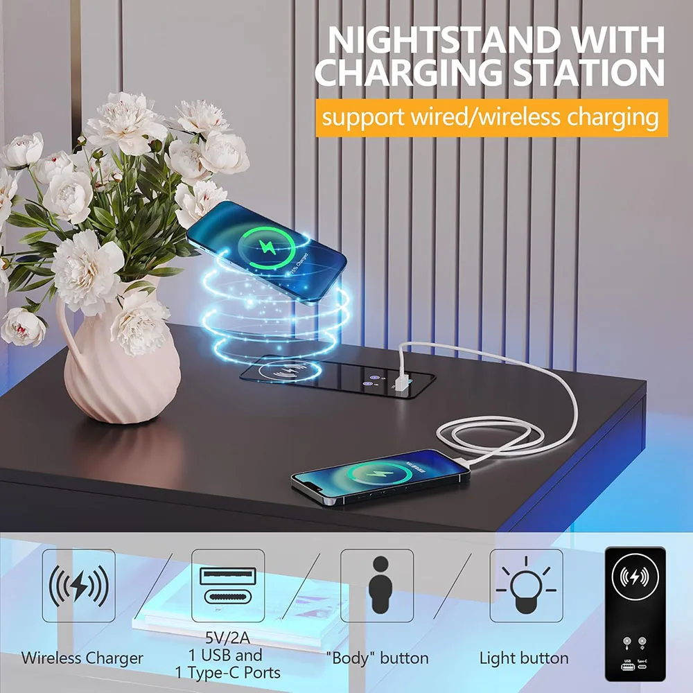 Modern Wood Nightstand Charging Station with LED Light 2 Drawers USB Ports Wireless Charger for Bedroom (Black) manufacture