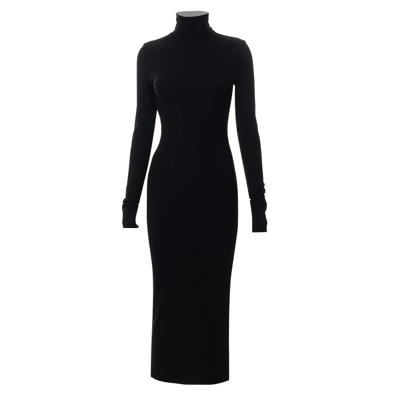 High quality solid color skin tight high neck dress one piece tight dress long sleeve maxi dress for muslim women