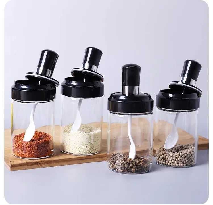 Glass Spice Box Spoon and Lid Integrated Spice Jar Combination Seasoning Jar Kitchen Supplies Home Salt Shaker Oil Bottle