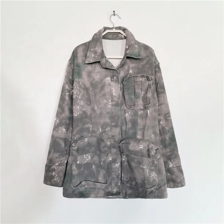 Womens Camouflage Tie Dye Cotton Jacket Fashion Big Pockets Loose Turn Down Collar Long Sleeve Cargo Shirt Jacket
