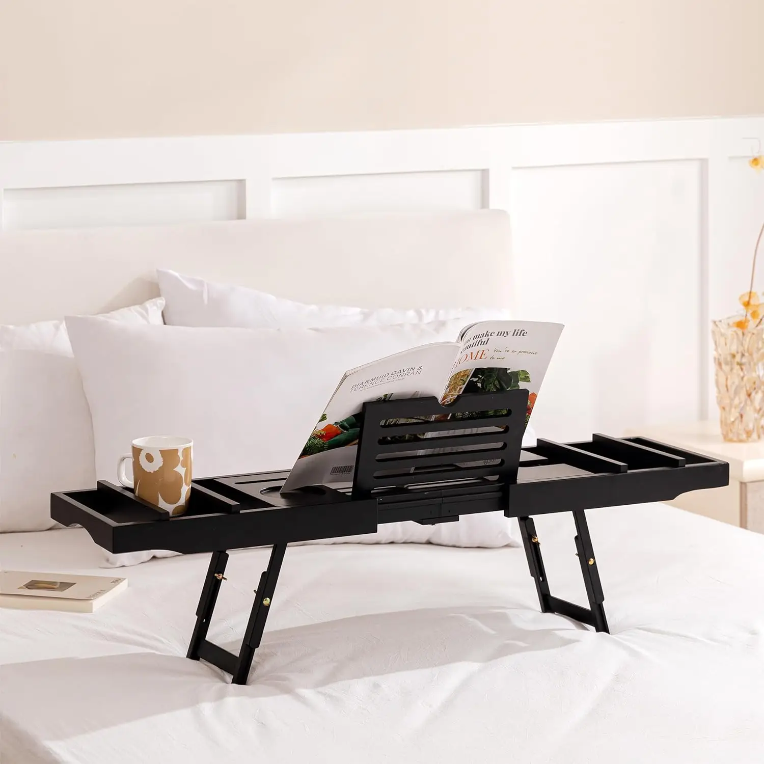 product foldable bamboo bathtub caddy tray with slide out arms book and wine glass holder-4