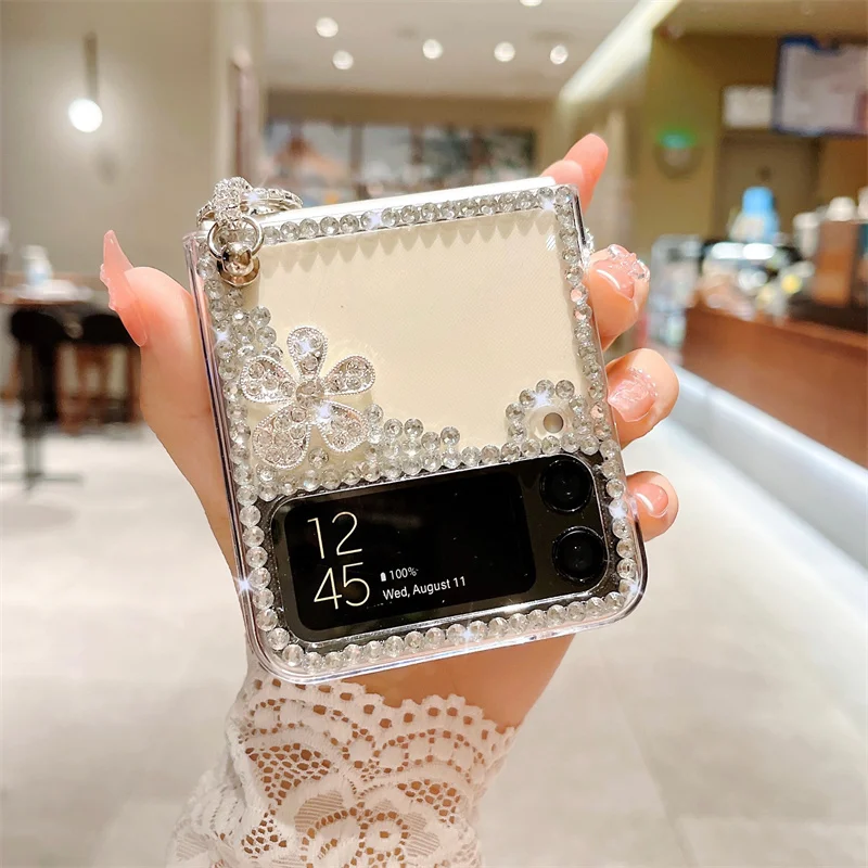 Luxury 3D Handmade Sparkle Diamond Mobile Phone Case For Samsung Z Flip 5 4 3 Transparent Folding Cover