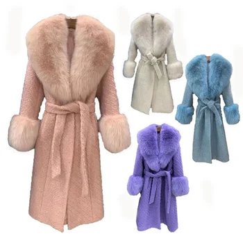 Good Quality OEM Custom Women Winter Trench Coat Big Real Fox Fur Trmming Wool Coat Ladies Cashmere Wool Coat With Fur