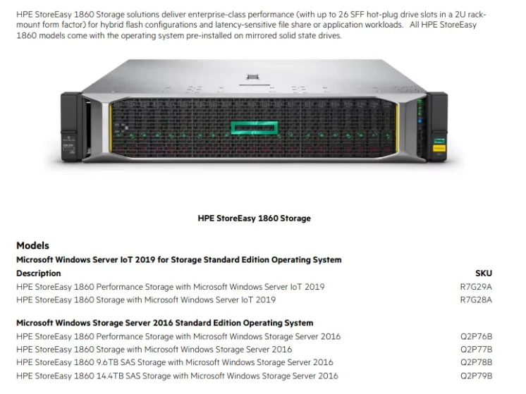 HPE StoreEasy 1860 Tower Server R7G28B IoT 2019 with Intel Xeon-Bronze 3204 16GB Memory 1TB HDD SSD 1460 1560 1660