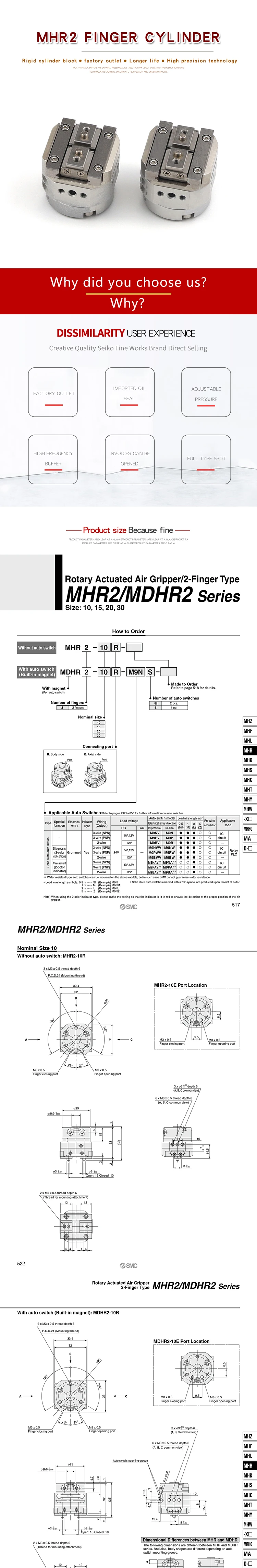 MHR2 Rotary Driven 2 Hàm Khí Nén Ngón Tay Xi Lanh MDHR2 MHR2-10R 15R 20R 25R 30R