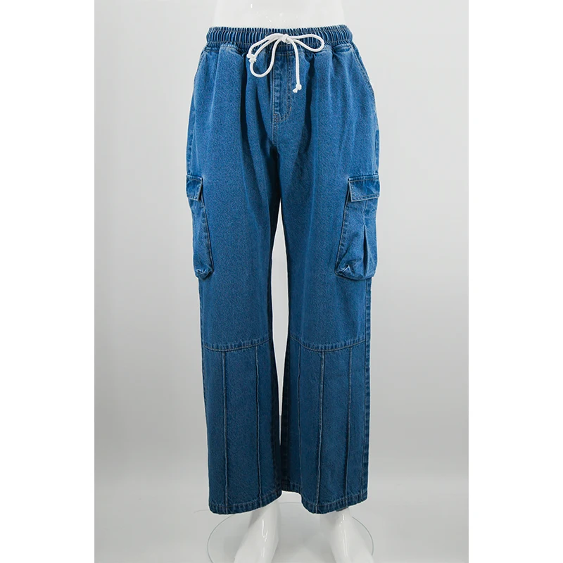Casual Elastic Waist Loose Straight-leg Silhouette Drawstring Closure Men's Gradient Workwear Jeans manufacture