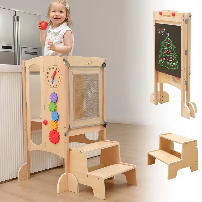 Faltbarer Küchenhocker für Kleinkinder mit 2 Tritthockern, Montessori-Aktivitätsspiele, Lernturm für Babys aus Holz mit Sicherheitsnetz, Details