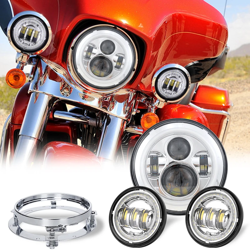 DOT 7 Inch LED Headlight Set 4.5 Inch Matching Passing Lamps Motorcycle Headlights for Harley Davidson Classic Electra Street Glide Fat Boy Road King Heritage Softail 