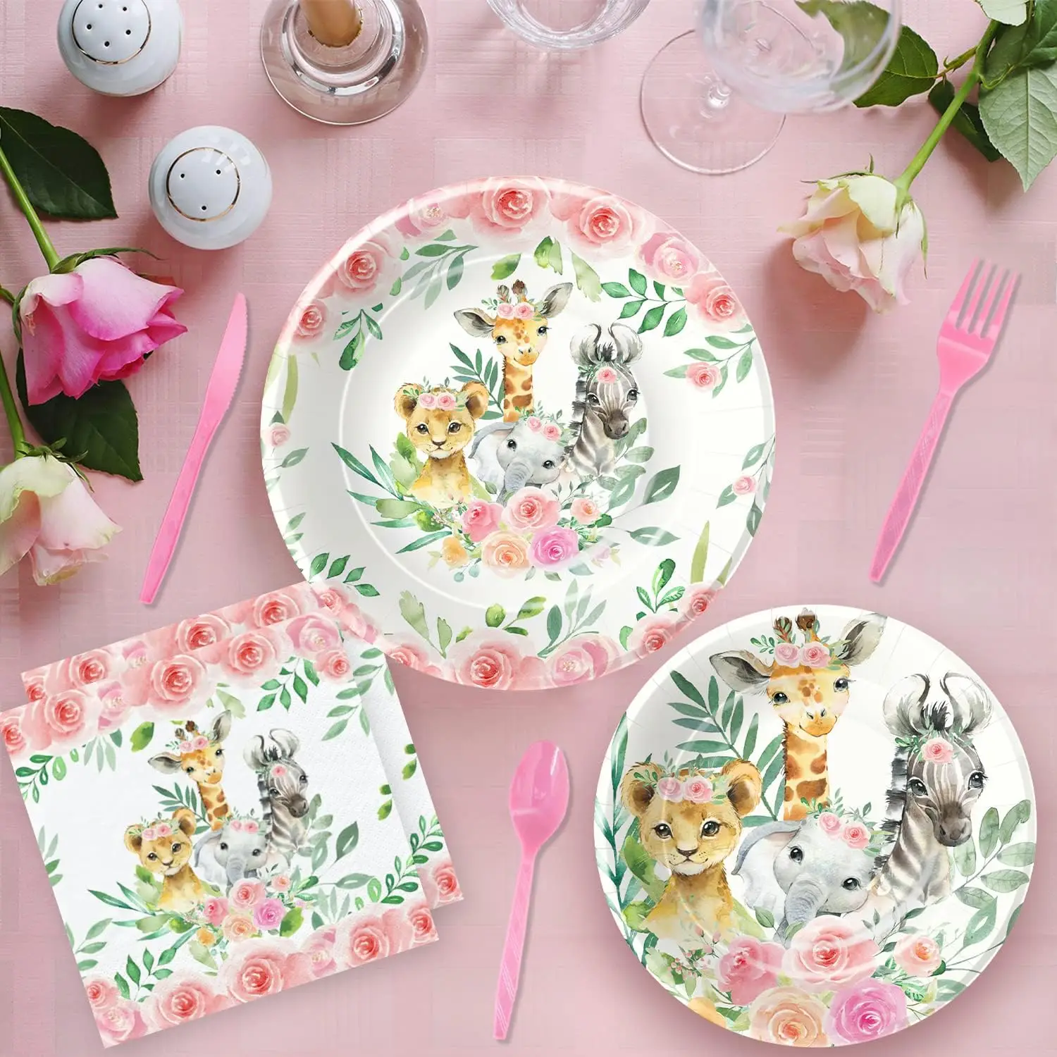 Jungle Safari Theme Birthday Party Supplies Pink Safari Jungle Animal Tableware Set Birthday Party Baby Shower