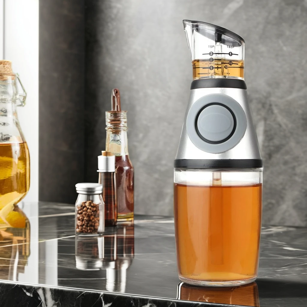 Modern Superior Glass Oil and Vinegar Dispenser with Measuring Oil Dispenser Bottle for Kitchen and Camping for Food Use