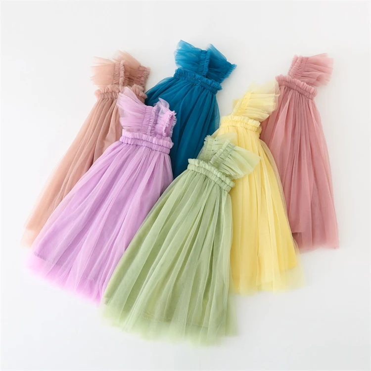 2022 summer new colors children princess strap chiffon dress solid color toddler girls kids tulle dresses wholesale