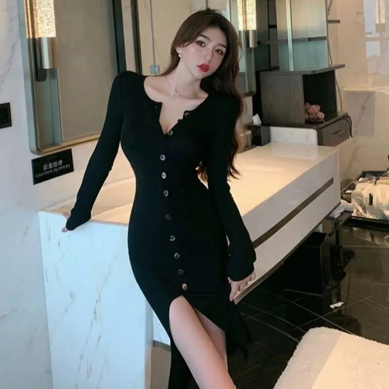 Sexy Long Sleeve Casual Split Buttons Slit Crew Neck Knitted Casual Sweater Dress
