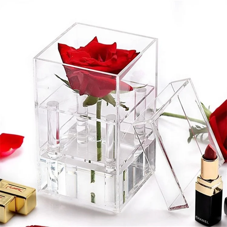 Acrylic Transparent Transparency Organic Glass Preserved Fancy Rose Flower Display Gift Acrylic Rose Flower Box with Lid