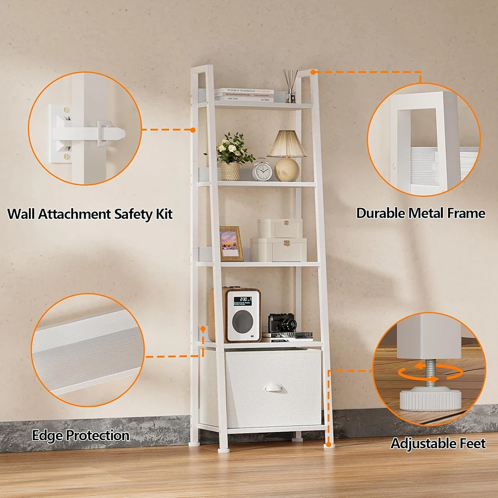 5-Tier White Ladder Bookshelf Removable Drawer Modern Wood Metal Freestanding Storage Shelves for Living Room factory