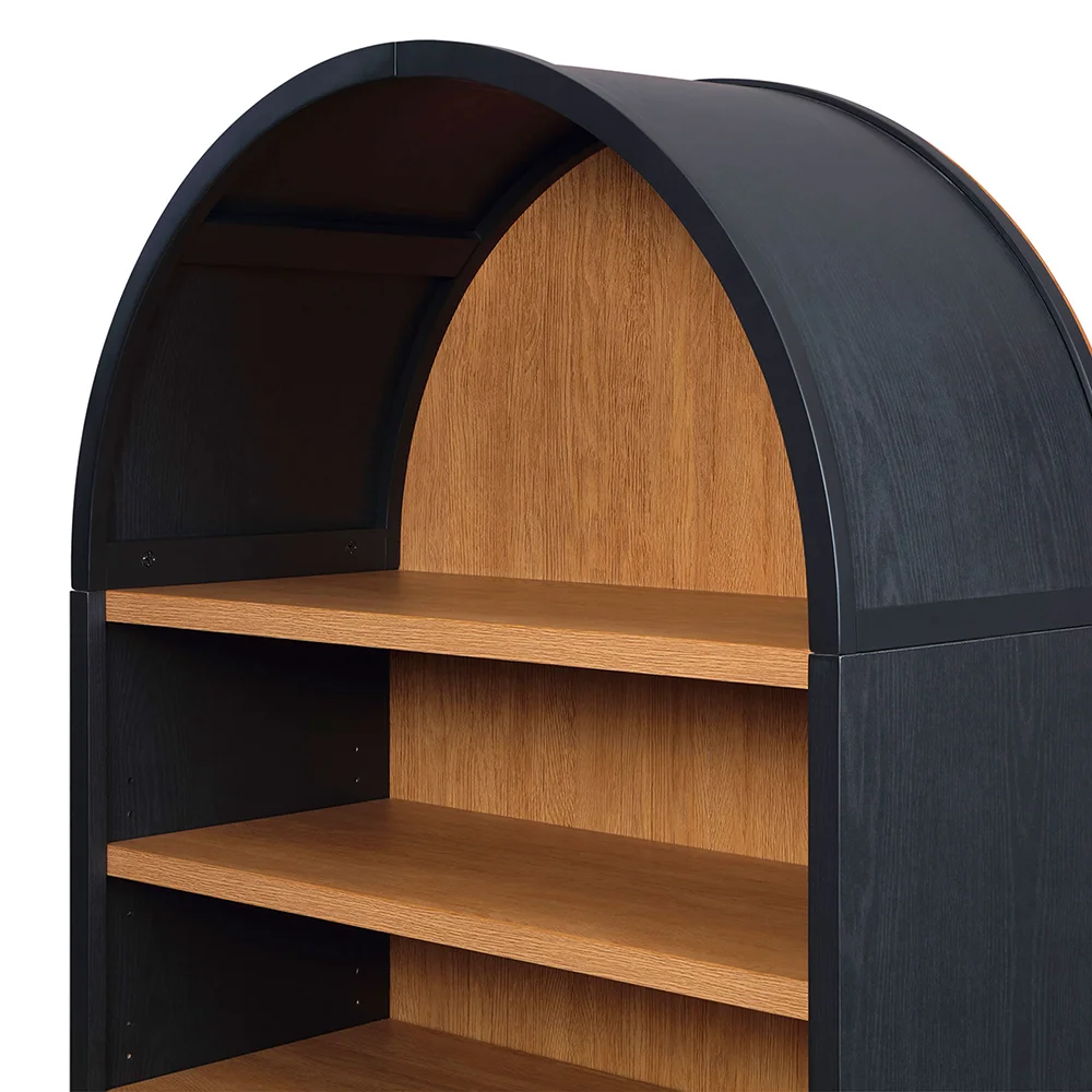 Rich Black and Light Honey Open Arched Top 6-Tier Wood Bookcase with 3 Adjustable and 2 Fixed Shelves details