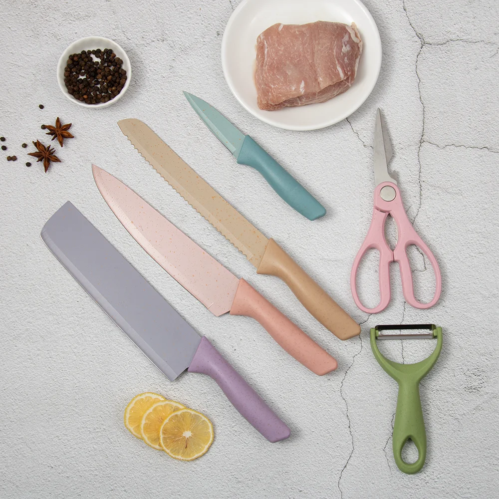 Factory Wholesale 6PCS Straw Coating Kitchen Knife Set Multicolor Peeler Bread Slicing Knife And Scissors