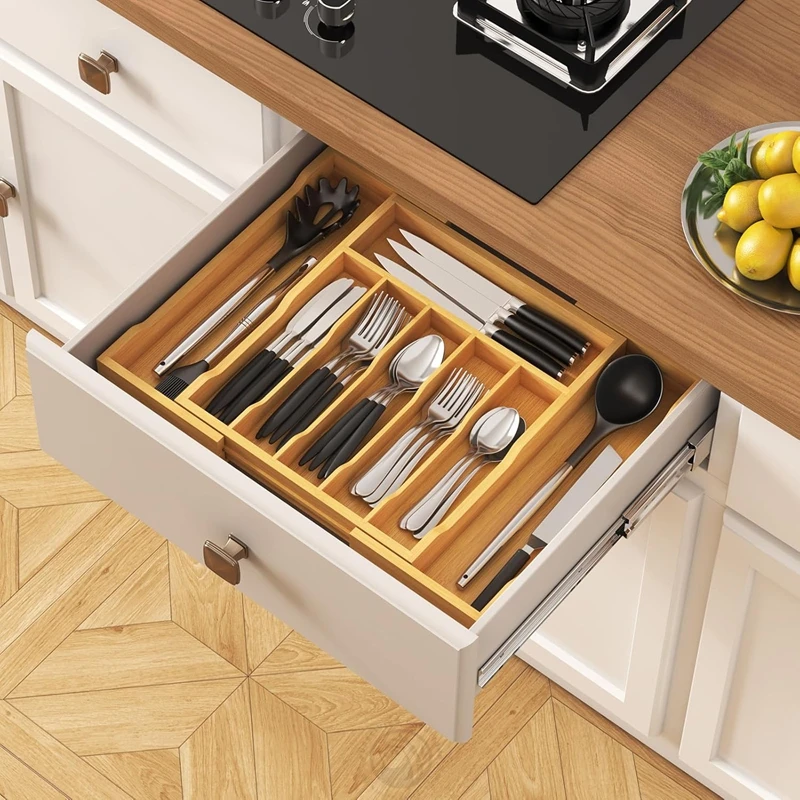 Natural Bamboo Kitchen Drawer Organizer Cutlery Tray Flatware Silverware Tableware Organizer