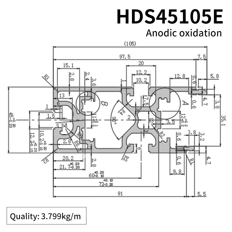 45105 2.5-speed Chain Extruded Aluminum Profile Pitch 25.4 Modular Conveyor Line BS25-C208A Aluminum Profile Track details