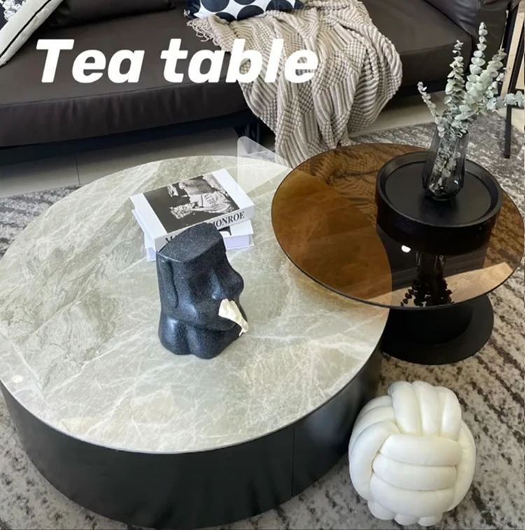 New Design Best Selling Stone plate top tempered glass Coffee Table Set Center Table Living Room Metal Side Table