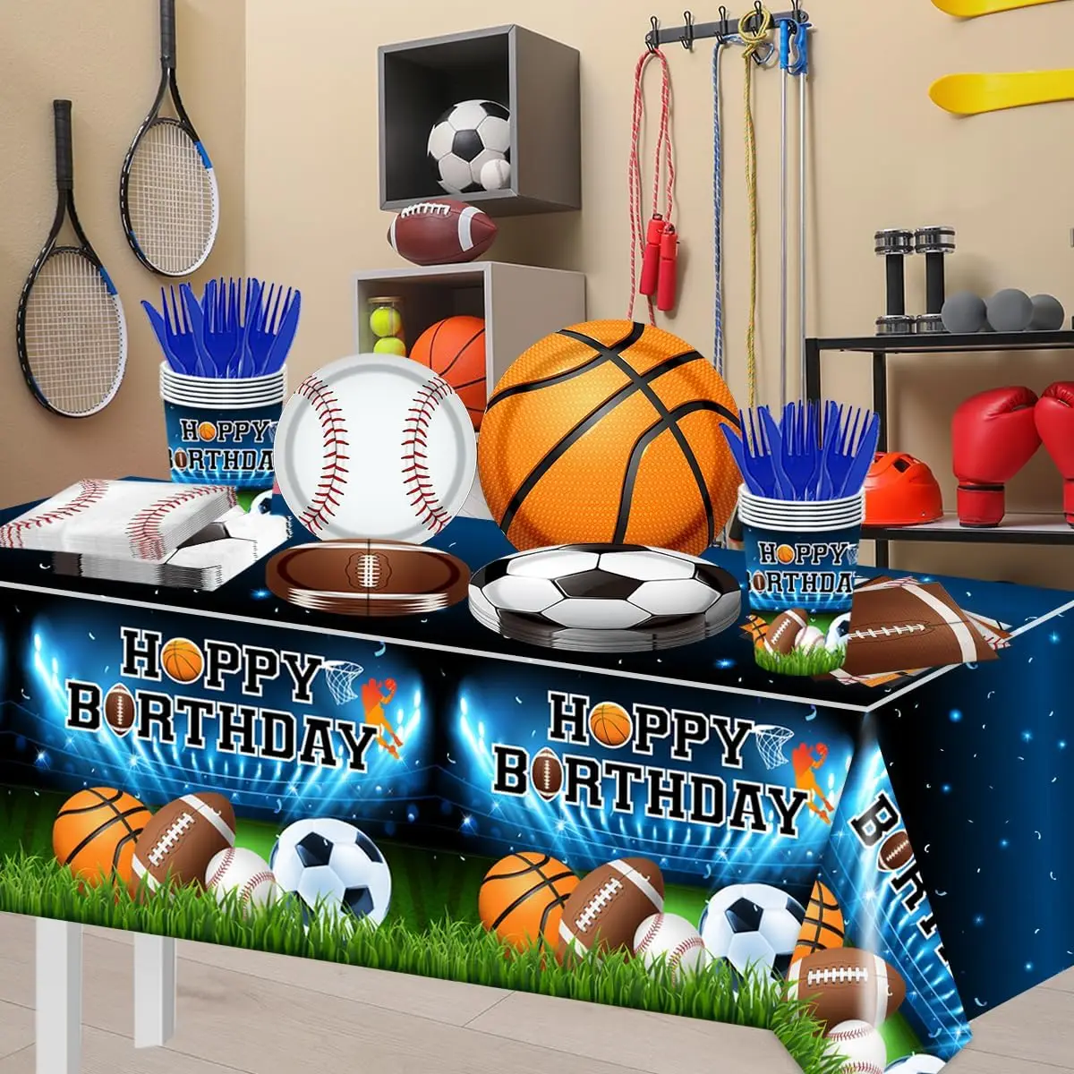 Combination Football Basketball Rugby Disposable Tableware Set Mix Designs Packing Birthday Party Tableware