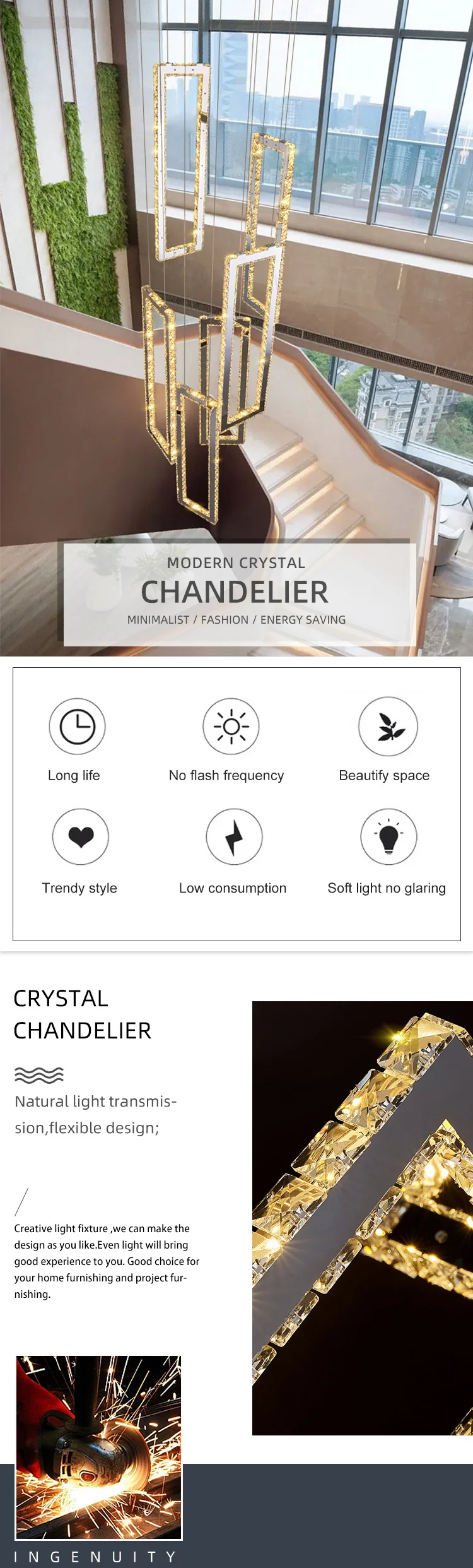 CPL-299 Bespoke Fixtures Indoor Decoration Villa Hall Hotel Lobby Staircase Luxury Crystal LED Chandelier Light manufacture