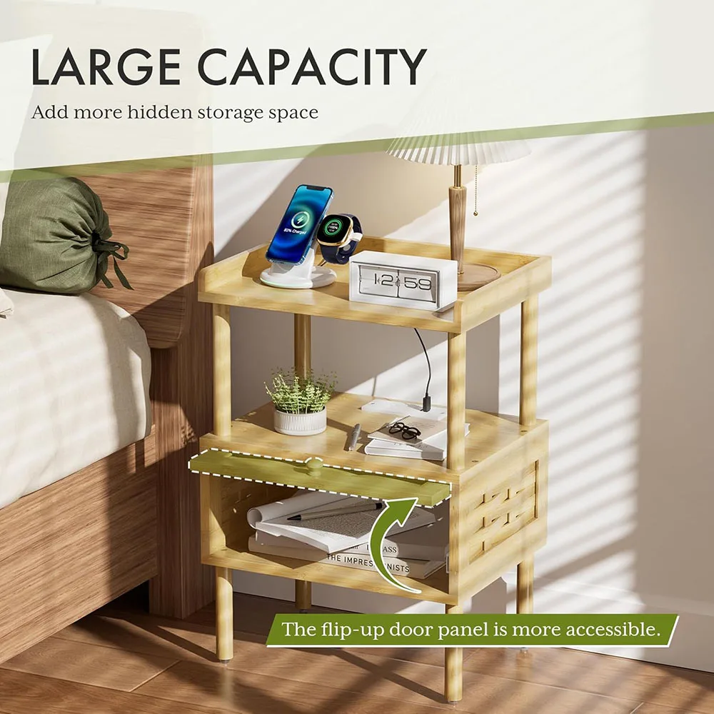 product modern bamboo nightstand with charging station bedside table with usb ports outlets night stand for bedroom use-0