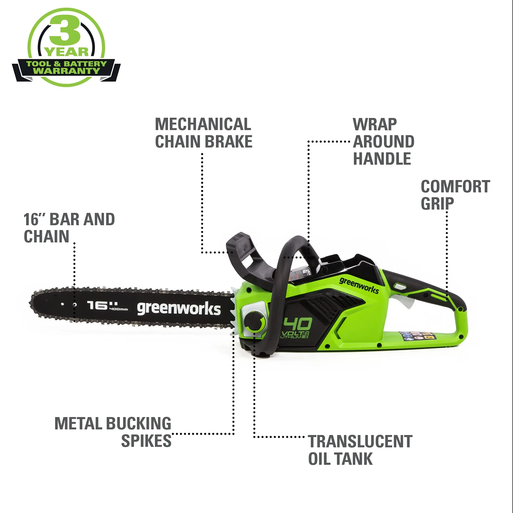 Greenworks V Inch Cordless Brushless Chainsaw With Ah Usb