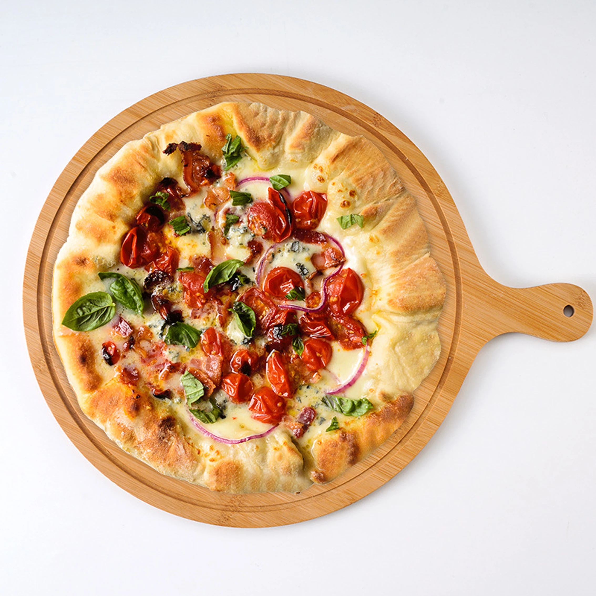 Custom High Quality 6-13 inch Bamboo Wood Serving Pizza Board Pizza Cutting Board Food Tray With Long Handle Kitchen Accessories