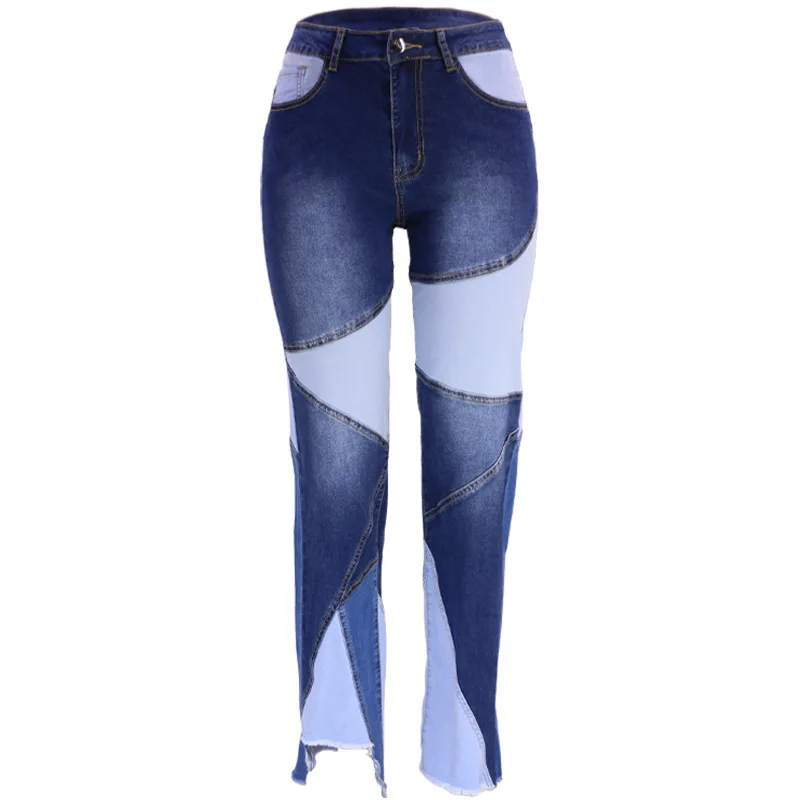New drop women wide leg jeans patchwork colorblock fashion washed jean pants for women