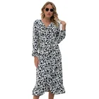 Dress Plus Size 3XL Floral Ruched Ruffle Hem Dress Long Sleeve V-neck Ladies Midi Dress
