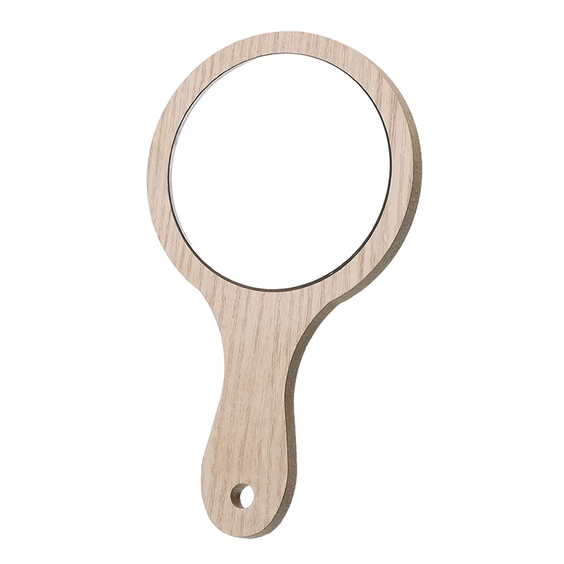 Wholesale Hand-held wooden beauty mirror portable handle dressing mirror round small mirror
