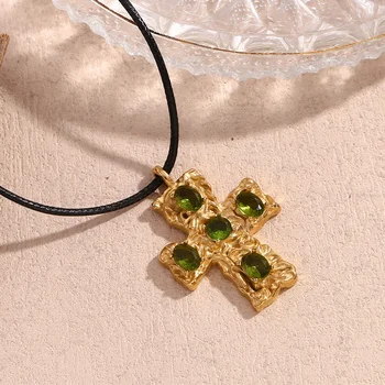 New Design Green Zircon Cross Pendant Necklace Rope Chain Gold Plated Jewelry For Women