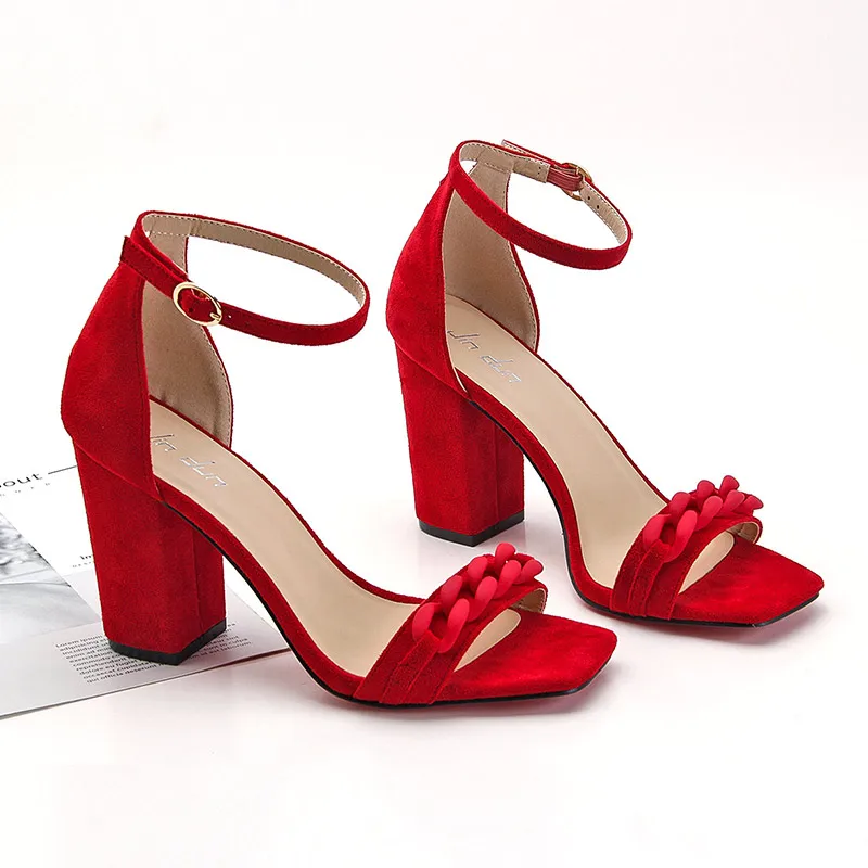 red bottom block heels