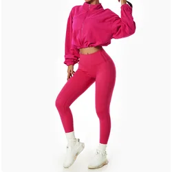 custom women's sportswear ladies 2 piece set full zip up sweatshirts crop fitness gym yoga pants sets