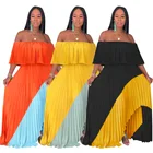 Dress Women Patchwork Strapless Pleated Long Dress Elegant Casual Girls' Clothing