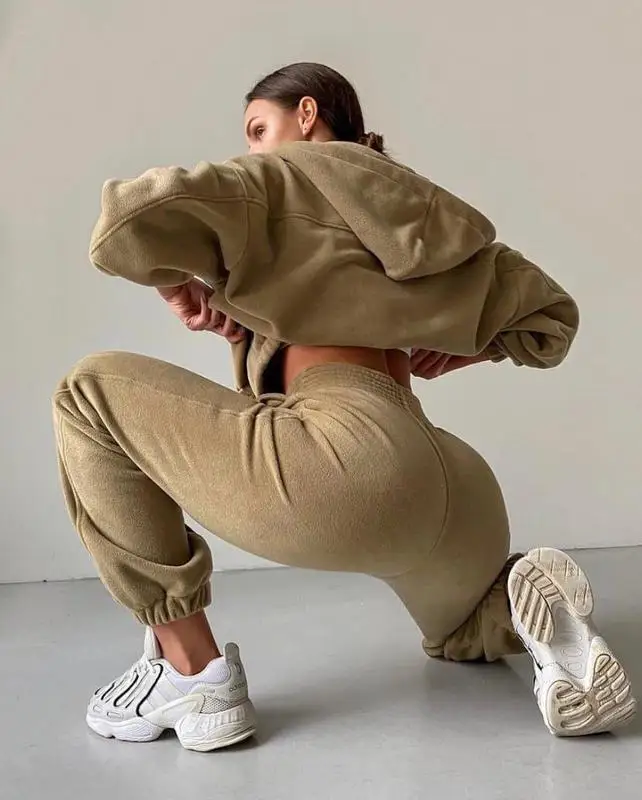 YIYI Warm With Hoodie Jackets Sets 2pcs For Women  High Waist Slim Pants Jogger Sets Lady Sweatpants And Hoodie Set Plain