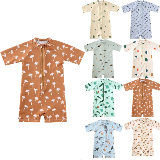 Short sleeve printed baby boys girls swimsuit one piece front zipper toddler infant swimwear summer cute kids beach swim wear