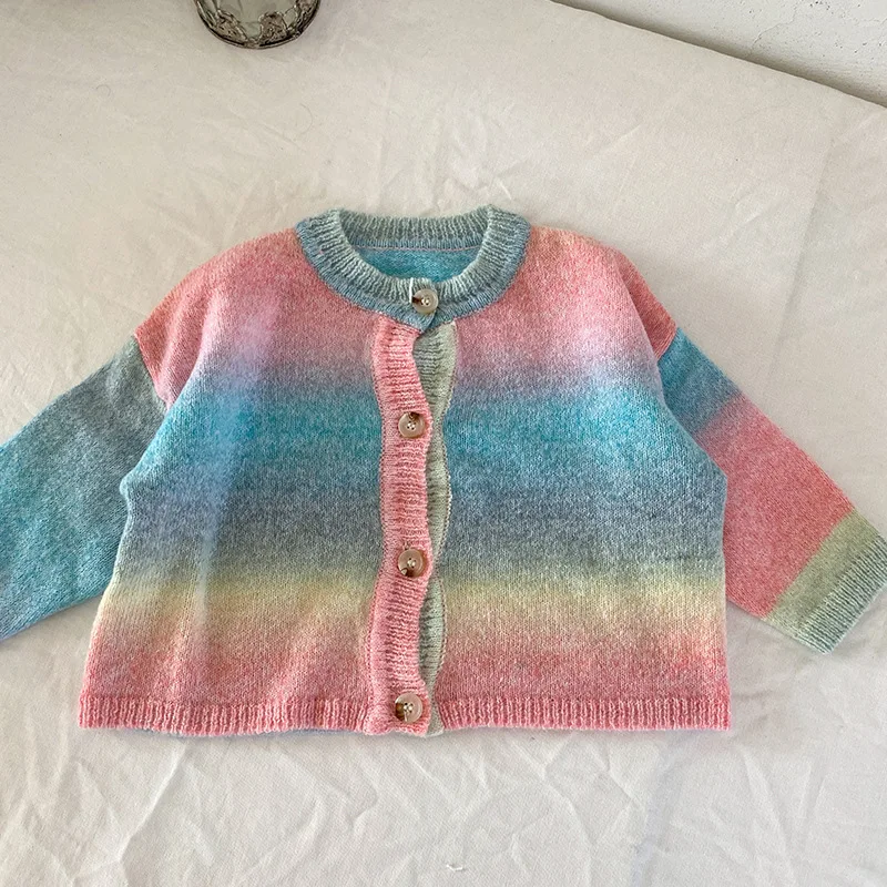 2023 children's autumn new rainbow Gradient cardigan girls boys unisex sweater