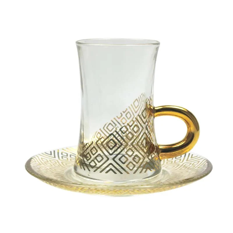 Wholesale cheap price gold decal design glass tea cup set with handle